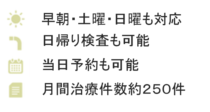 早朝・土曜日も対応 日帰り検査可能 当日予約も可能 月間治療数約250件